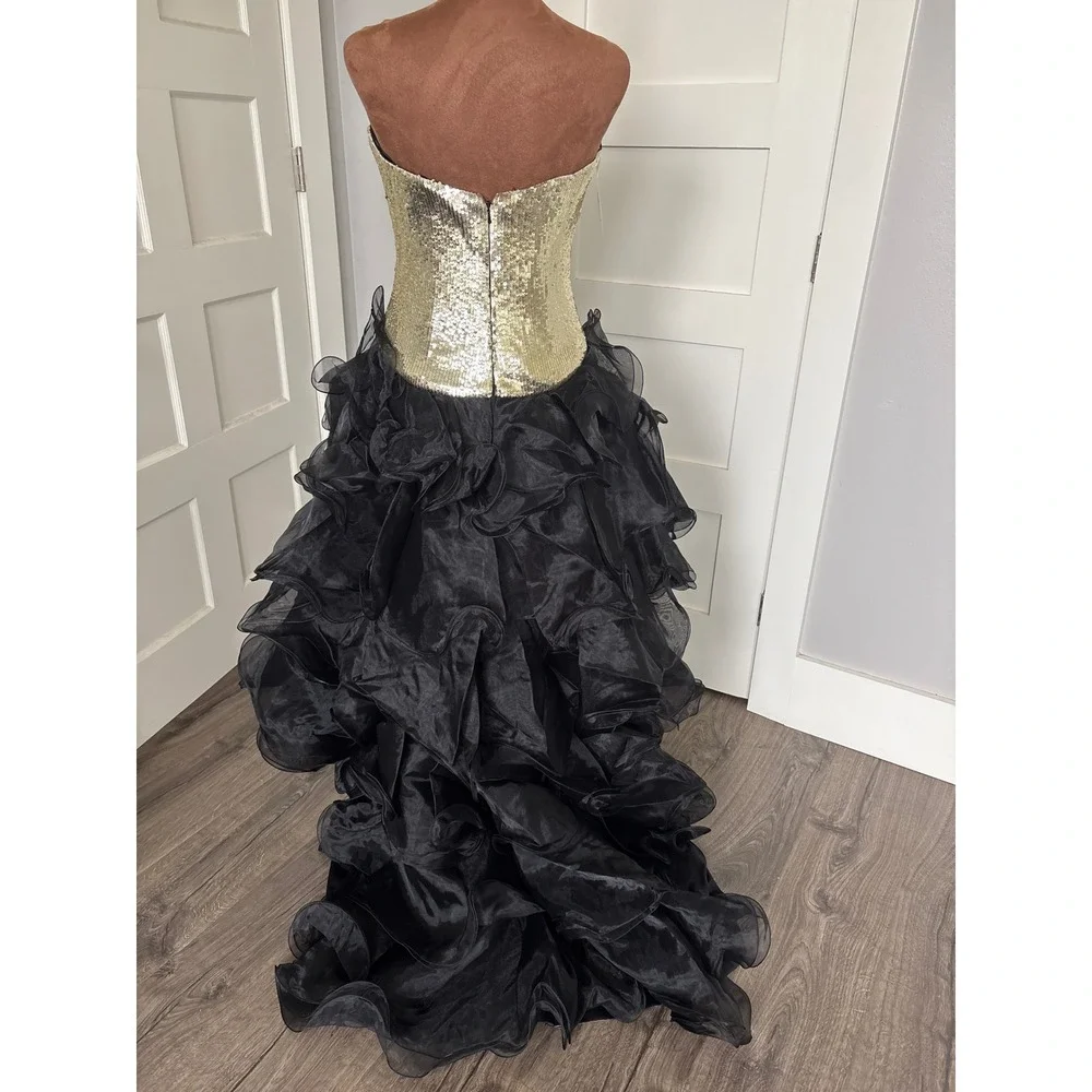 Vintage y2k PANOPLY Gold Sequin Strapless Black Ruffle High Low Gown Size 6 NWT - Picture 6 of 12